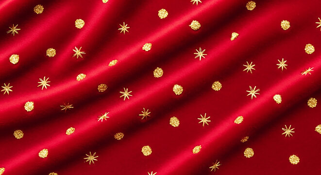Red fabric with gold glitter snowflake and dot pattern - Powered by Adobe