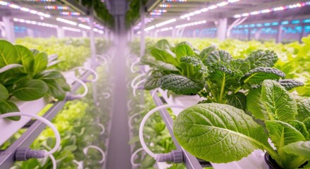Rows of Greenery in Vertical Hydroponic Farm Under LED Lights, Hydroponics, Vertical farming, Indoor farming