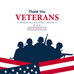 Veterans Day Greeting Card or Poster with American flag on white background.