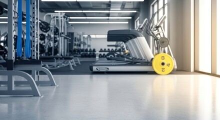 A spacious gym with a variety of exercise equipment, including treadmills, weights, and barbells.