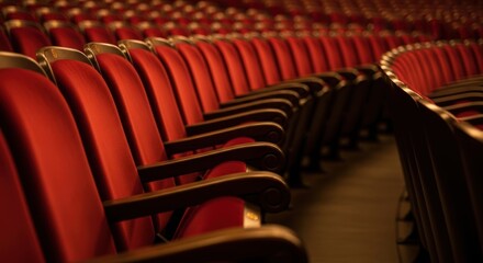 Empty Red Theater Seats in Soft Light, Auditorium, Velvet, Chairs
