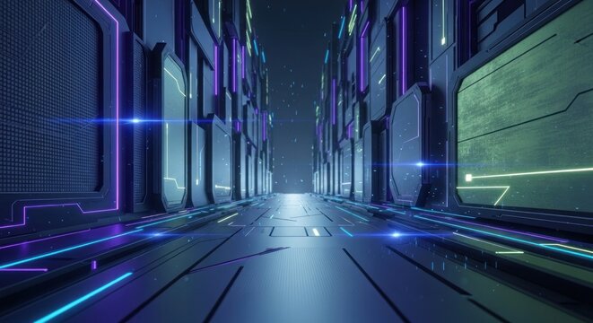 A futuristic, neon-lit corridor with glass panels and glowing lights.