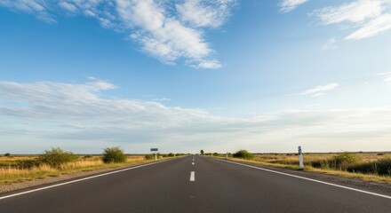 Fototapeta premium A long, straight road stretching into the distance with a clear blue sky above and sparse vegetation on either side.