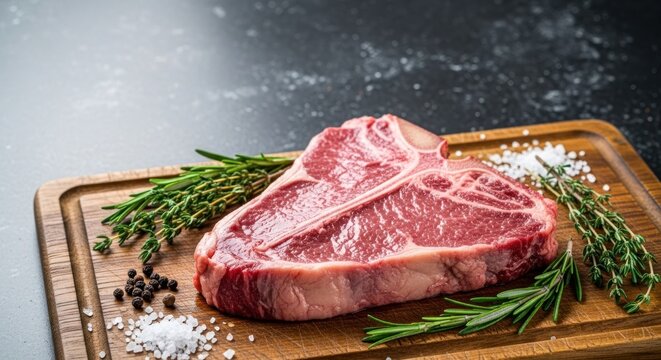 A raw, uncooked T-bone steak on a wooden cutting board with fresh herbs and spices.