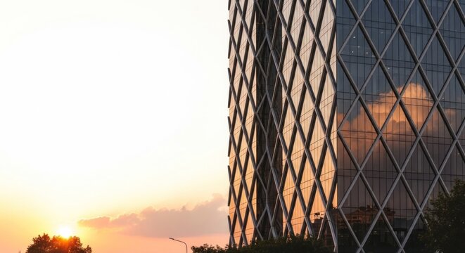 A modern glass skyscraper with a geometric facade, reflecting the sun and clouds in its reflection. - Powered by Adobe