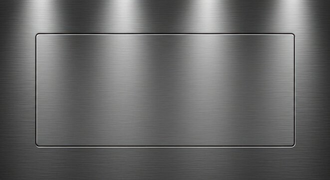 A metallic surface with a rectangular frame, reflecting light and casting shadows.