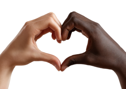 Hands of different races forming a heart shape on black