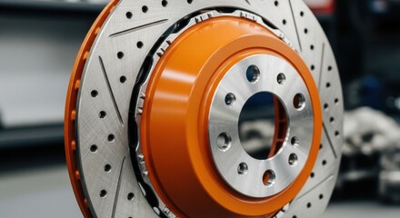 High-Performance Orange Brake Rotor Close-Up, Car part, Performance part, Automotive