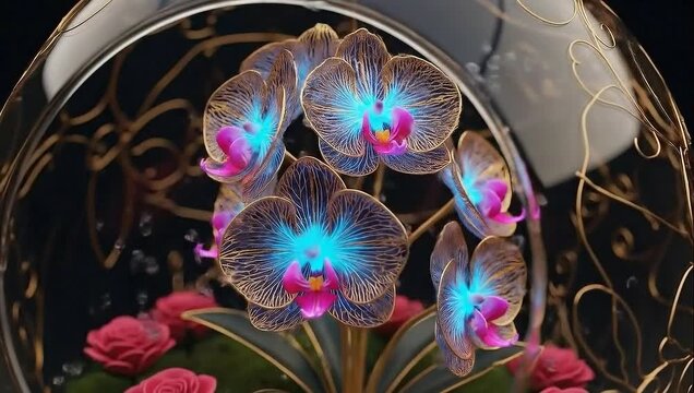 Exotic orchids with glowing blue centers and intricate gold patterns inside a decorative glass orb