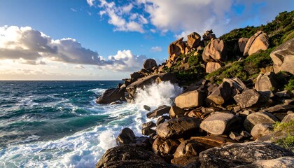 Dramatic Coastal Scene - Waves Crashing on Rocky Shoreline at Sunset.
