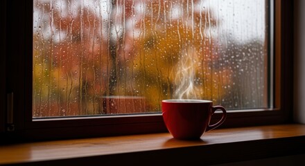 Cozy Red Mug of Steaming Coffee on a Rainy Autumn Day Window Sill, Hot, Drink, Beverage