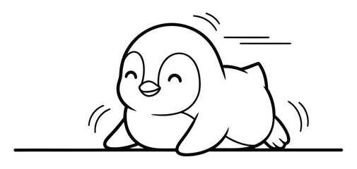 Cute Baby Penguin Sliding on Ice Cartoon Outline Drawing