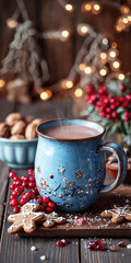 Cozy Holiday Scene with Hot Cocoa, Cookies, and Decorations on the Table,