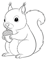 Adorable Squirrel Holding Acorn Black and White Outline Drawing Coloring Page Vector Illustration