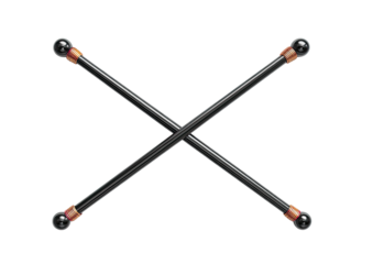 Crossed black rods with sphere ends; dark background