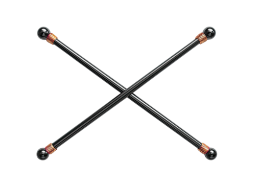 Crossed black rods with sphere ends; dark background