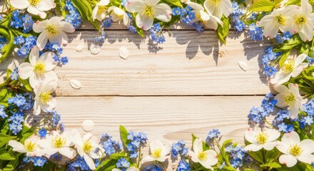 Spring Floral Border on Wood, Flowers, Background, Nature