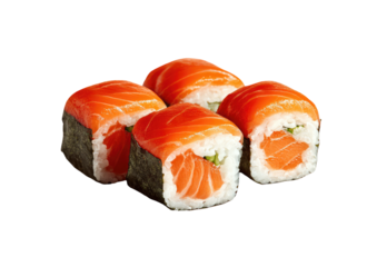 Four salmon-topped sushi rolls, rice, nori, dark background