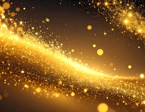 A mesmerizing, abstract swirling stream of radiant golden particles against a gradient background, with sparkling stars and orbs - Powered by Adobe