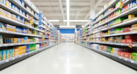 A blurred image of a grocery store aisle with various products on shelves.