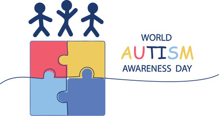 Celebrate World Autism Awareness Day with vibrant puzzle pieces and diverse figures, promoting understanding and inclusion for all.