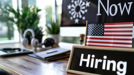Office desk with "Hiring" sign and American flag