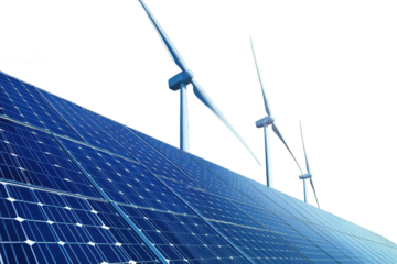 Close-up solar array with wind turbines
