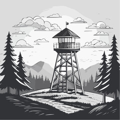 Fire Lookout Tower in Forested Mountain Landscape Illustration.