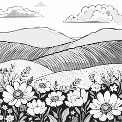 Floral Meadow Landscape with Rolling Hills Illustration.