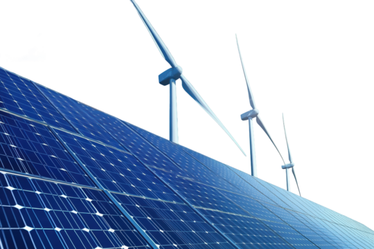 Close-up solar array with wind turbines
 - Powered by Adobe