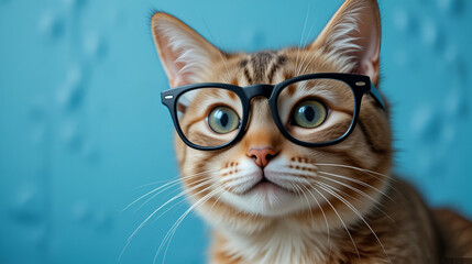 cute cat in myopia glasses squinting close up funny portrait on blue wall background