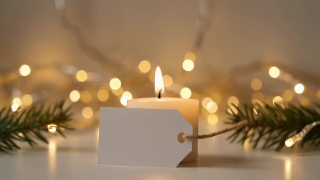 A single burning candle with a blank message tag, surrounded by fir branches and a warm, inspiring golden bokeh glow