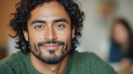 Smiling Young Hispanic Male with Curly Hair and Beard in Casual Setting