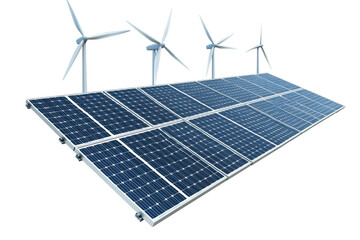 Solar panels with wind turbines background