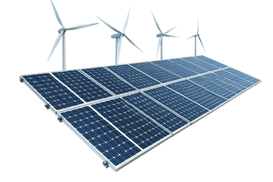 Solar panels with wind turbines background
