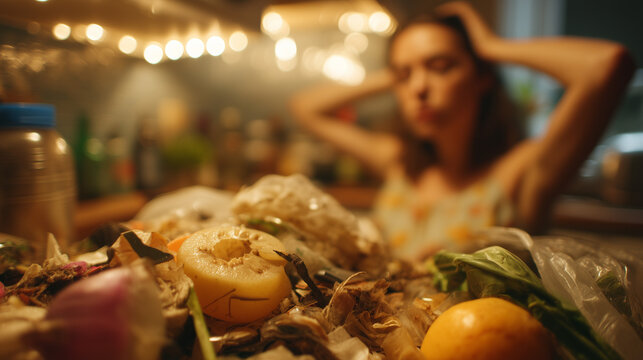 Waste Management Failure Concept A distressed woman in her kitchen, overwhelmed by an abundance of food waste, highlighting the struggles of effective disposal