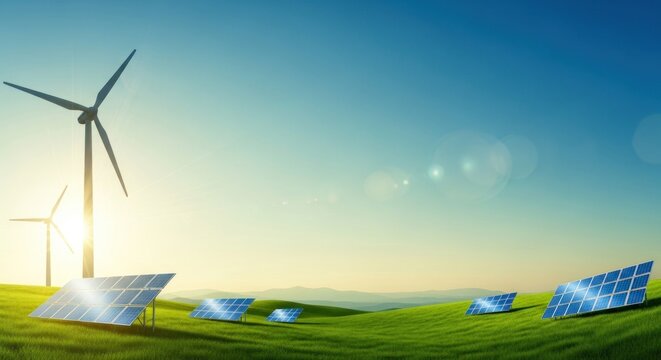 A green hillside with solar panels and wind turbines in the distance, under a clear blue sky with a few scattered clouds. - Powered by Adobe