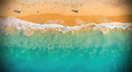 A vibrant beach scene with turquoise water and sandy shore.