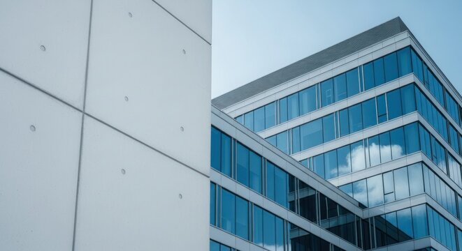 A modern office building with glass windows and a white facade. - Powered by Adobe