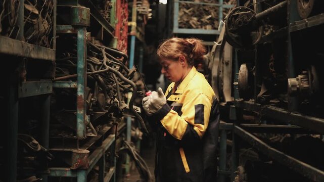 One Hispanic mature female inspector remotely works with walkie-talkie, checks auto spare parts stock in warehouse stack, operates jobs in manufacturing factory, and industrial worker occupation.