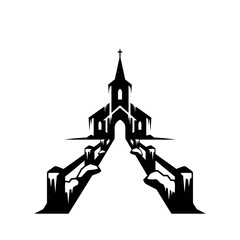 Spooky Church with Zombie Hands Silhouette.