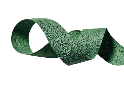 Green ribbon with floral pattern loops on a black backdrop