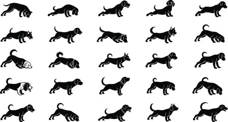 Collection of black dog silhouettes in various poses and breeds on white background