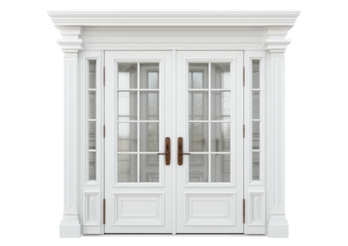 Ornate white double doors with glass panes, detailed trim