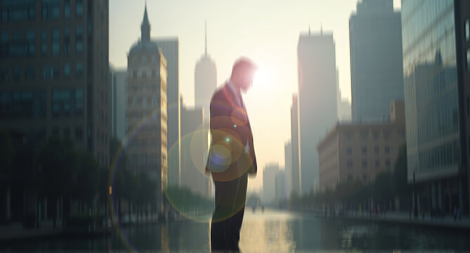 A business man, in a double exposure, is set against a city backdrop. The image shows a sunlit cityscape with the man. The concept blends the city with the man.