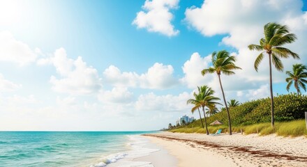 A serene beach scene with palm trees, blue sky, and white clouds.