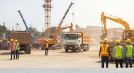 Construction workers and machinery on a construction site.