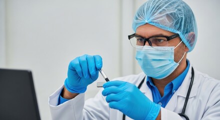 A doctor in a lab coat and mask holding a test tube in a laboratory setting.