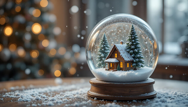 Cozy christmas scene with a snow globe featuring a cabin and trees on a wooden table with falling snow
