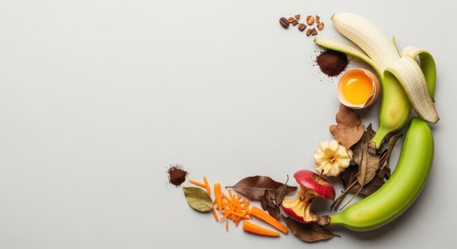 Bananas, avocados, carrots, and other vegetables arranged on a white background.